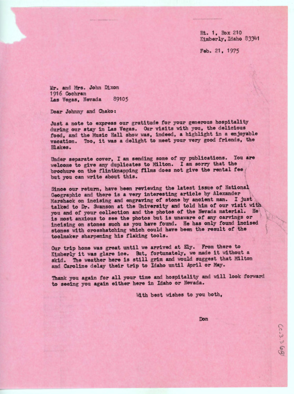 Letter to Johnny and Hisako Dixon thanking them for their generosity when Donald and Evelyn Crabtree visited Las Vegas. The letter discuss an issue of National Geographic featuring an article by Alexander Marshack on incising and engraving stone by the ancient man.