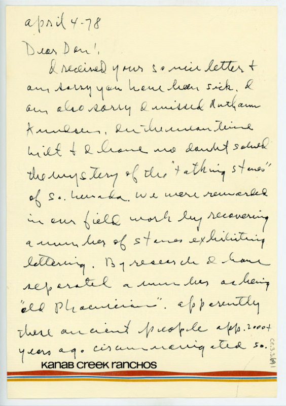 Letter to Donald Crabtree discussing Dixon's discovery of lettering on stones in old phoenician. He discusses his observations. Includes the envelope the letter was sent in.