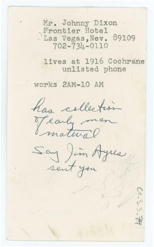 Phone message notecard with Johnny Dixon's information and a note stating someone has a collection of early man material and they should say Jim Ayres sent them.