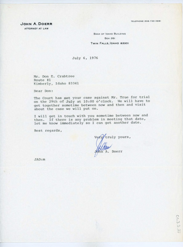 Letter to Donald Crabtree setting a date for Crabtree's case against Mr. True and discussing that Crabtree and Doerr must meet sometime soon to prepare.