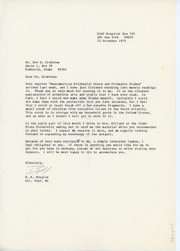 Letter to Donald Crabtree discussing Crabtree's article, "Mesoamerican Polyhedral Cores and Prismatic Blades." Douglas feels more confident about trying flintknapping out in his own practice and that he feels obliged to help Crabtree him with anything from Germany.