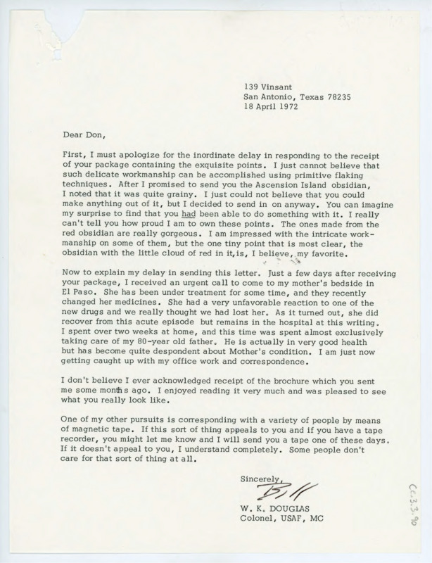 Letter to Donald Crabtree in which Douglas discusses the package of Glass Butte, Oregon points that Crabtree sent. Douglas has been busy taking care ill parents, and wonders if Crabtree would be interested in corresponding via magnetic tape.