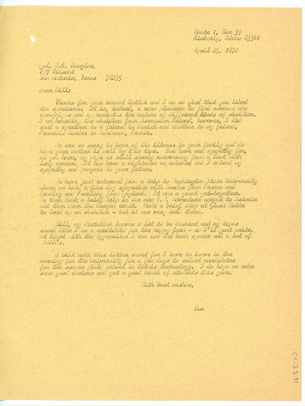 Letter to W.K. Douglas thanking him for the Ascension Island obsidian pieces, and informing him that he sent some samples to friends Francois Bordes and another person in Zunich. Crabtree extends his sympathy and discusses his recent travels.