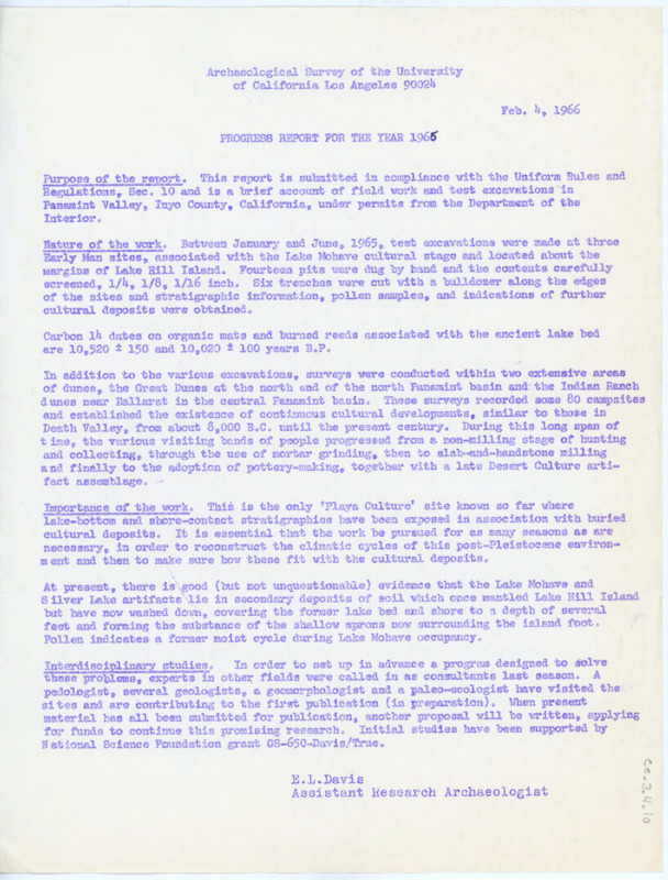 Progress Report on the year of 1965 for the Archaeological Survey of the University of California Los Angeles. The report discusses the research in Panamint Valley, California.