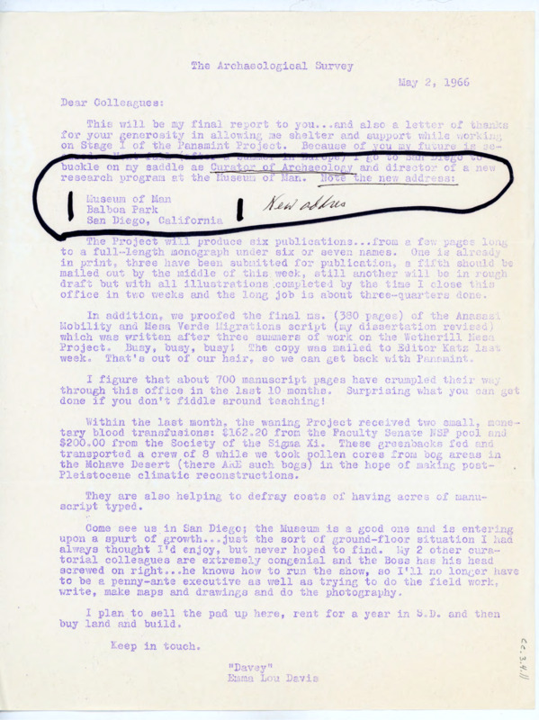 Letter to colleagues thanking them for their support in the Panamint Valley research. She discusses the publications her research created, some new donations to the project, and lastly she explains her future plans in San Diego.