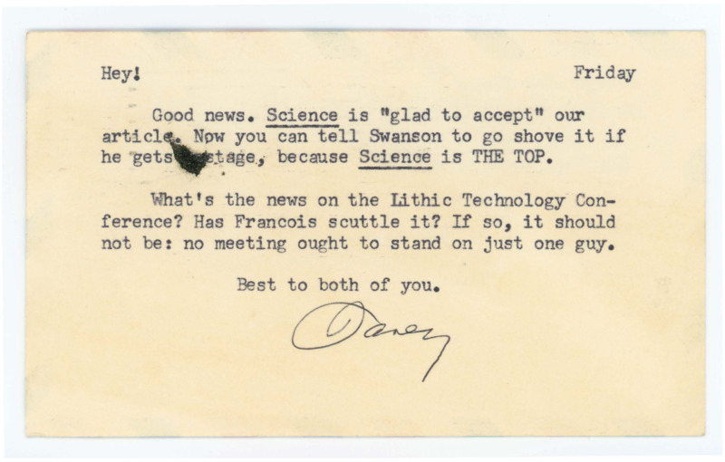 Postcard in which Emma Lou Davis informs Crabtree that "Science" will accept their article. She also asks for news on the Lithic Technology Conference.