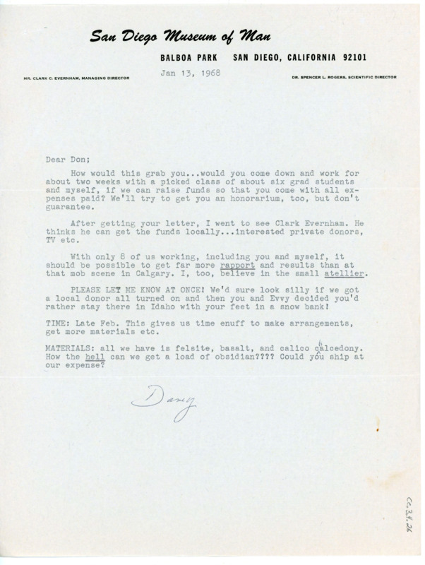 Letter to Donald Crabtree asking if he would be interested in teaching a two week class to grad students in California. She also asks if he could ship in some obsidian for the class.