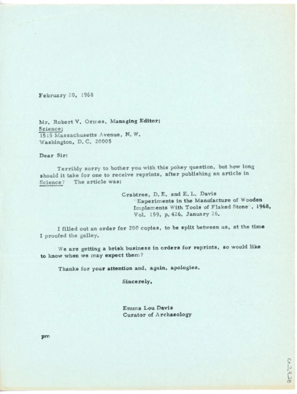 Letter to Robert V. Ornes, managing editor, in which Davis asks when she should expect to receive the 200 reprints of a Crabtree article she ordered a while back.