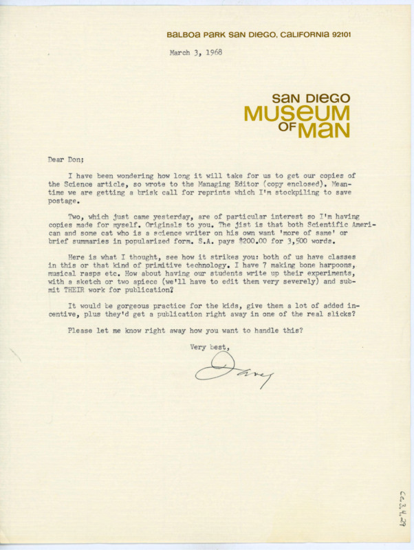 Letter to Donald Crabtree discussing the delivery of article reprints from "Science." Davis wonders if she and Crabtree should have their students conduct their own experimental archaeology studies and submit their findings for publication.