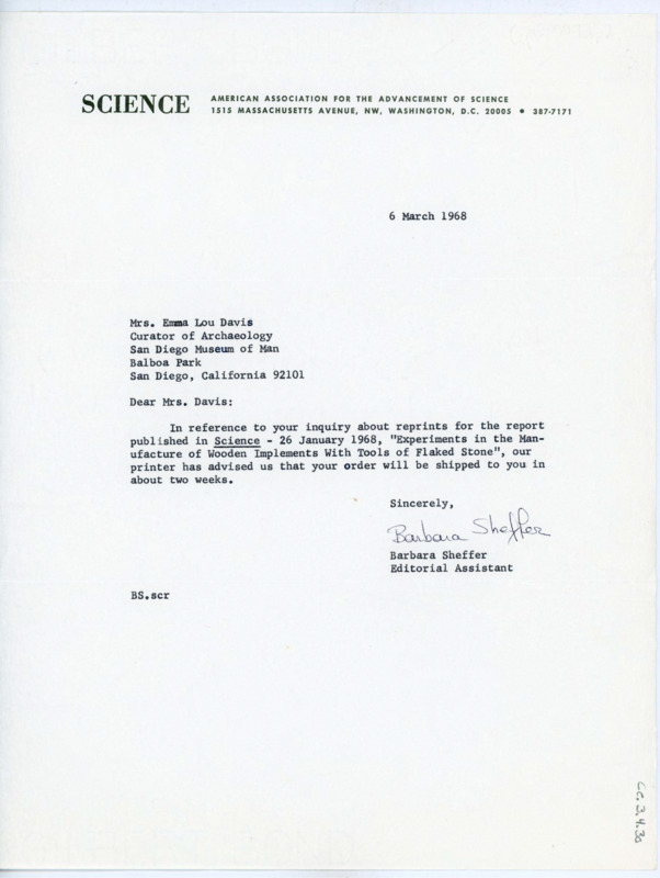 Letter to Emma Lou Davis, writing that the printer of "Science" expects to ship the Crabtree reprint articles Davis ordered in 2 weeks.