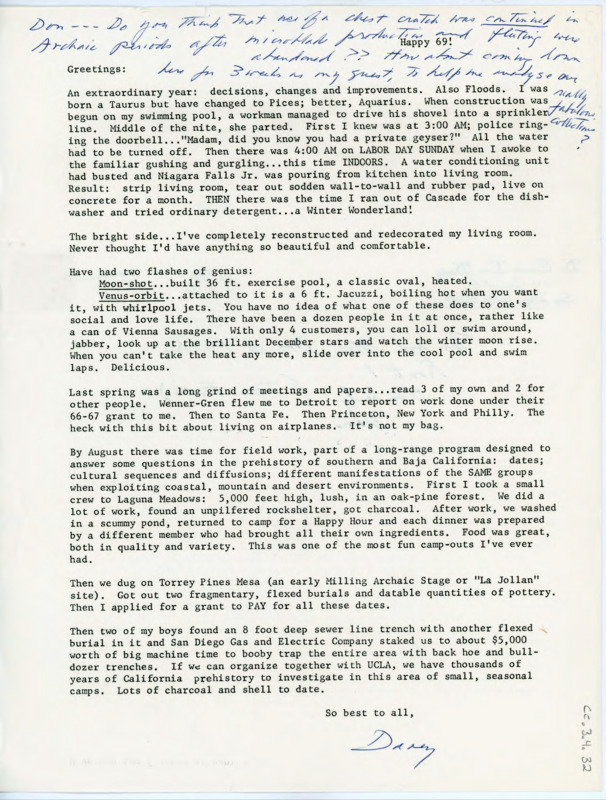 Holiday letter to Donald Crabtree covering the last of Emma Lou Davis' year. She discusses home renovation mishaps, travels, fieldwork in Baja California and Torrey Pines Mesa. In a handwritten note, Davis asks Crabtree a question about microflake production and wonders if he would like to visit.