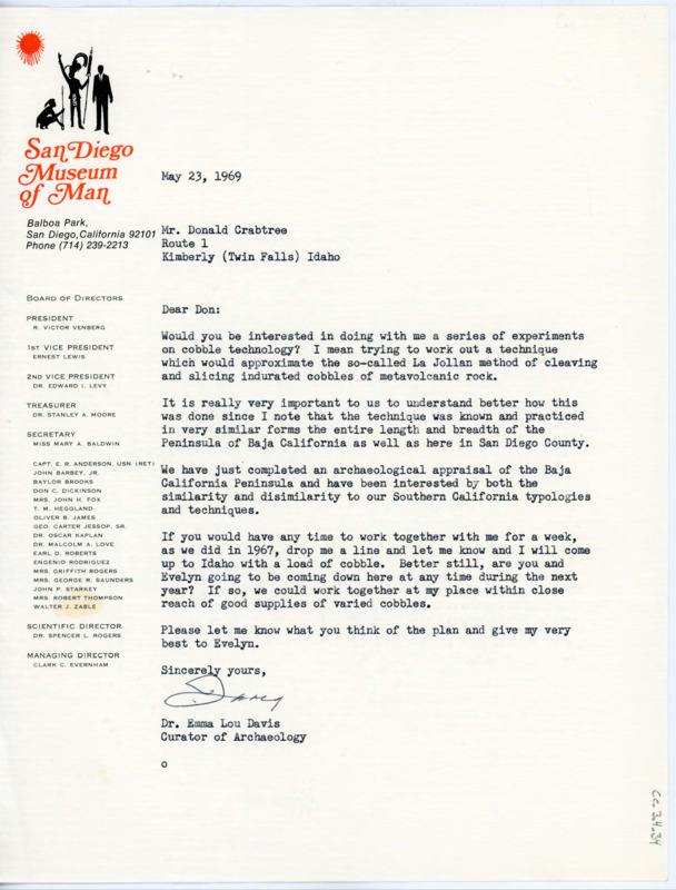 Letter to Donald Crabtree discussing cobble technology and the La Jollan method. Davis hopes Crabtree can visit sometime soon for collaboration.