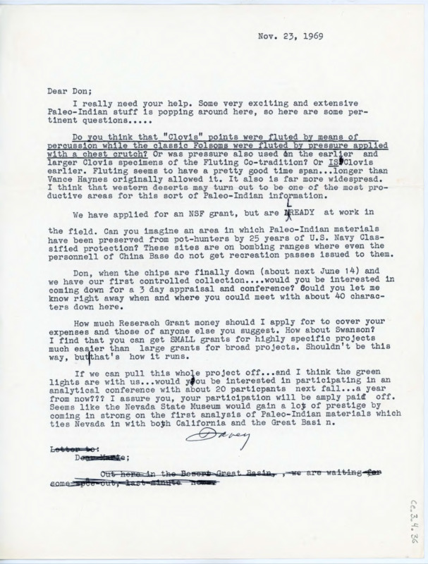 Letter to Donald Crabtree listing some important questions regarding Paleo-Indian artifacts and fluting techniques. Davis writes she applied for a National Science Foundation grant to research Paleo-Indian artifacts.