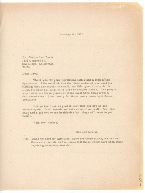 Letter to Emma Lou Davis in which Crabtree argues the specimen Davis shared were not used for flaking, but were likely used as a result of poverty.