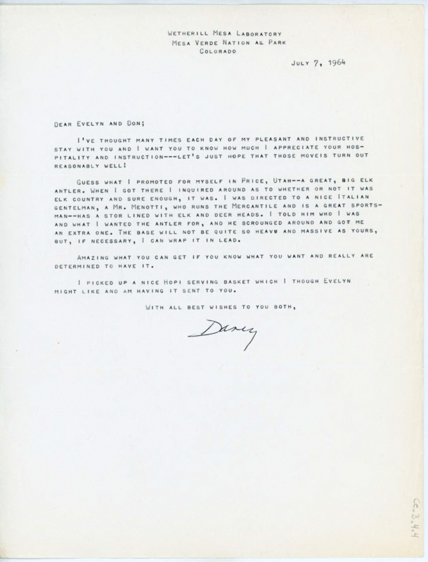 Letter to Evelyn and Donald Crabtree thanking them for her visit to Kimberly, their instruction, and their hospitality. She writes that she was able to acquire an elk antler in Utah for flintknapping.