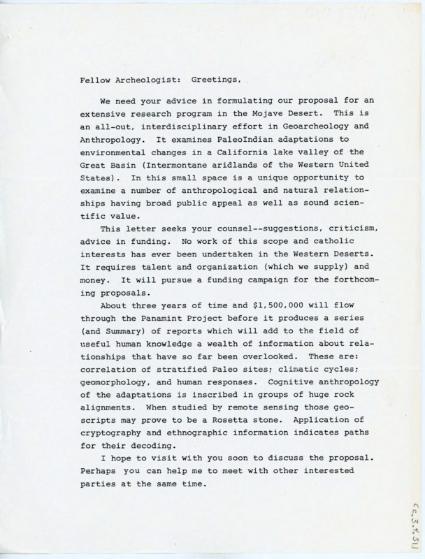 Letter to Crabtree asking for advice on the Panamint Project proposal from Emma Lou Davis. Includes the grant proposal outline for the Geoarchaeological and Cognitive Anthropology of a PaleoIndian Area project. Includes relevant maps of the Panamint Valley.