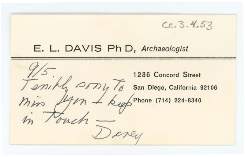 Emma Lou Davis' business card with a handwritten note stating it was unfortunate to have missed visiting "you".