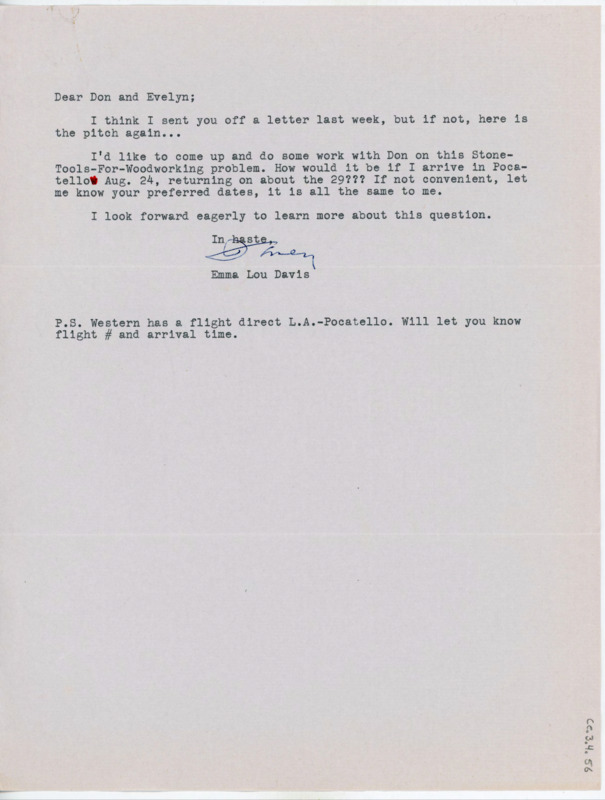 Letter to Evelyn and Donald Crabtree asking if Davis can visit in August to work on a stone tools for a woodworking problem with Donald Crabtree.