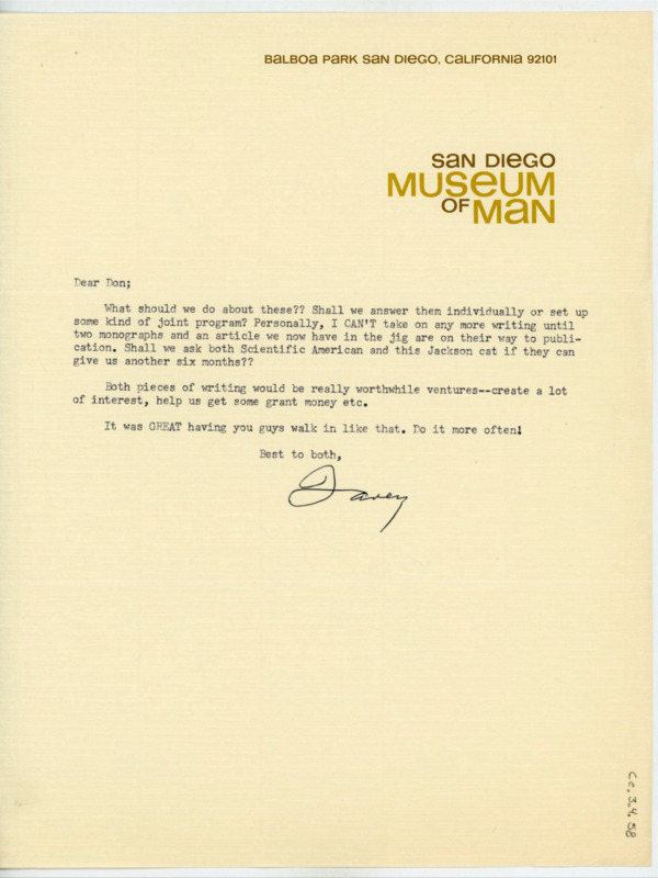 Letter to Donald Crabtree asking if they should request an extension for writing their paper in two different journals. Davis writes she is too busy to take on another writing project.