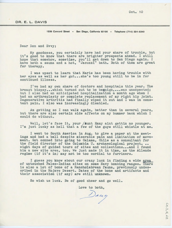 Letter to Donald and Evelyn Crabtree extending apology for their recent bouts of illness. Davis explains her recent health troubles. She recently went to South America to present at a conference and wound up working as a consultant for Columbia University.