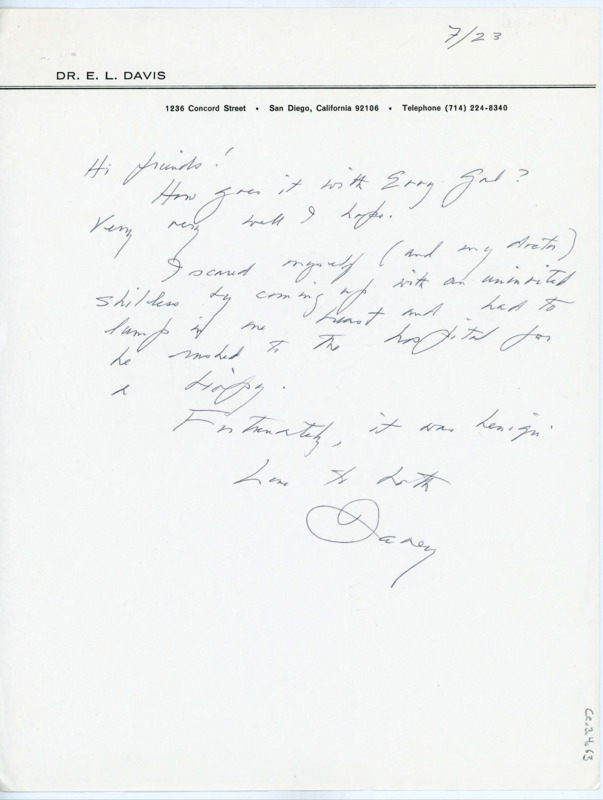 Letter to Donald and Evelyn Crabtree inquiring about Evelyn's health. Davis notes she recently went into the hospital with a lump in her breast but the biopsy was benign.