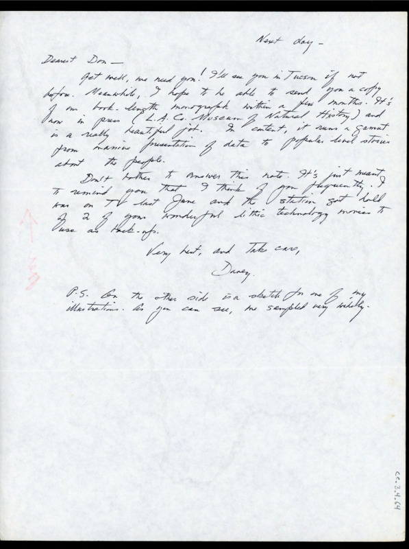 Letter to Donald Crabtree wishing him better health. Davis plans to send him a copy of her work with the Los Angeles Museum of Natural History. The backside of the letter is a map drawing of the Paleo-Indian artifacts site Davis is working on.