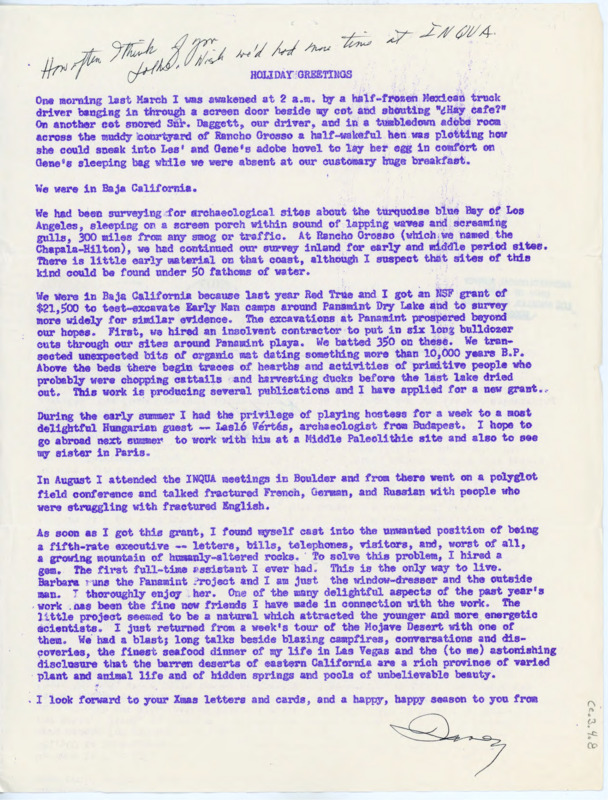 Holiday greetings letter to Evelyn and Donald Crabtree recapping Davis's past year. She discusses her research in the Panamint Valley, her attendance of the INQUA meetings, and her travels.