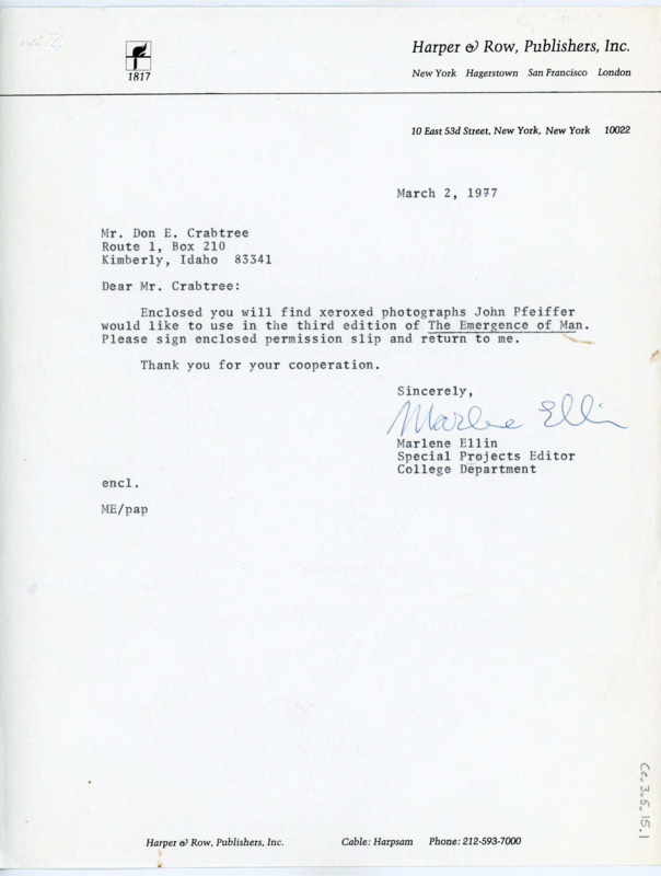 Letter to Donald Crabtree asking him to sign a permission slip for photos John Pfeiffer wants to use in "The Emergence of Man." Includes copies of photos of people observing and participating in flintknapping that Pfeiffer plans to use.