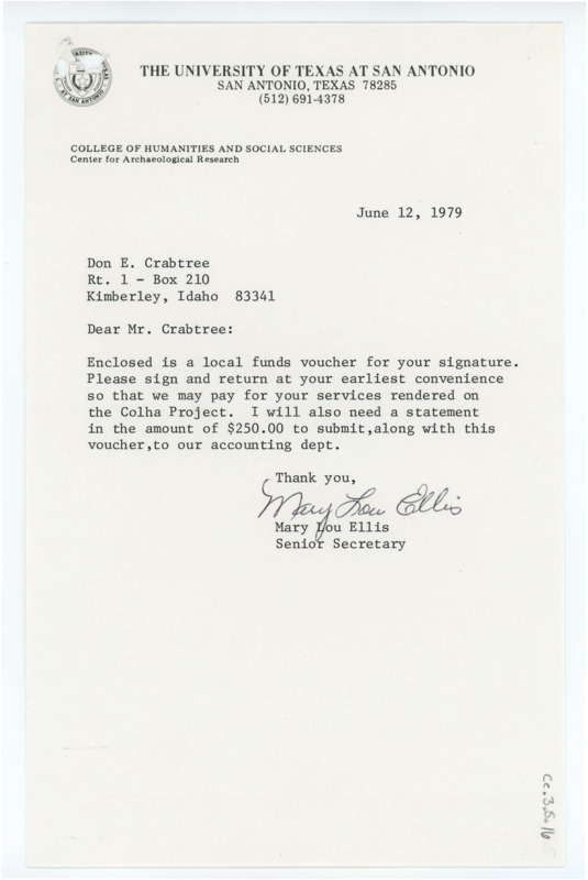 Letter to Donald Crabtree noting that there is a funds voucher enclosed needing a signature. This is necessary for Crabtree to be paid for his work on the Colha project.