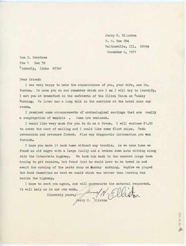 Letter to Donald Crabtree noting he liked meeting him. He asks if Crabtree can send some flint chips and diagnostic information for some money.