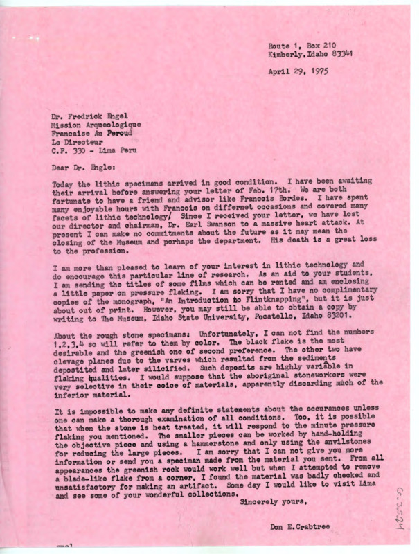 Letter to Donald Crabtree thanking him for sending the article on Hohokam points. He discusses his collection in review, and notes he would like to include one of Crabtree's articles in a collection of reports he publishes.