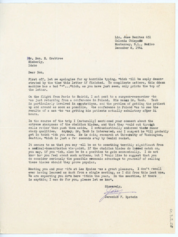 Letter to Jeremiah F. Epstein stating it was nice meeting. Crabtree plans to give a talk at the Texas Archaeological Society and hopes Epstein can attend so they can compare flintknapping techniques.