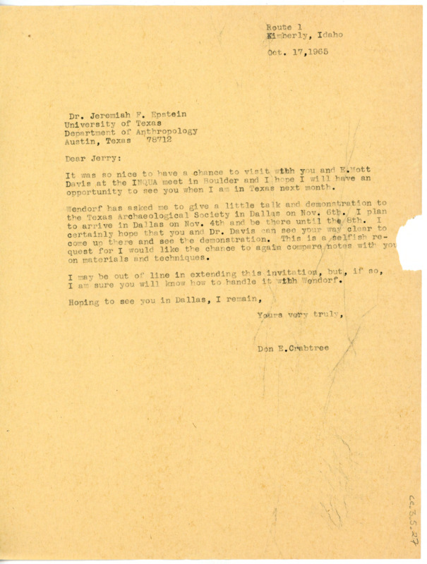 Letter to Donald Crabtree asking if he would be interested in writing a chapter for a publication on lithic quarry production and regional interaction regarding lithics. Ericson explains more of what the paper will be about and its implications.