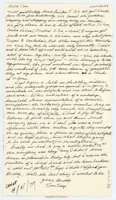 Card to Donald Crabtree discussing Escobedo's recent trip to the Yucatan Peninsula and the people Crabtree knows there. He invites Crabtree to stay at his house for the symposium coming up in San Antonio. Escobedo discusses a talk he will give on lithic midden and other topics.