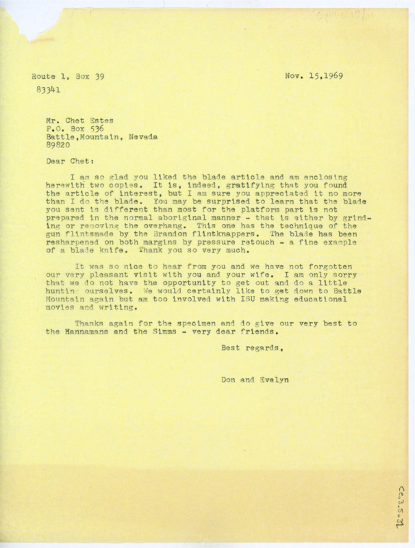 Letter to Chet Estes enclosing two copies of Crabtree's blade article. Crabtree writes that the blade Estes sent was likely made by the Brandon flintknappers. Crabtree enjoyed meeting Estes.