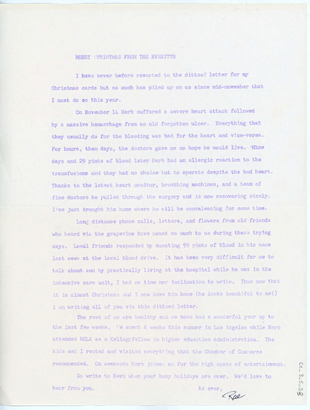 Holiday letter to Donald Crabtree recapping the year. Rae discusses some travel and that her partner Herb suffered a massive heart attack and hemorrhage. The support received from family and friends was very helpful.