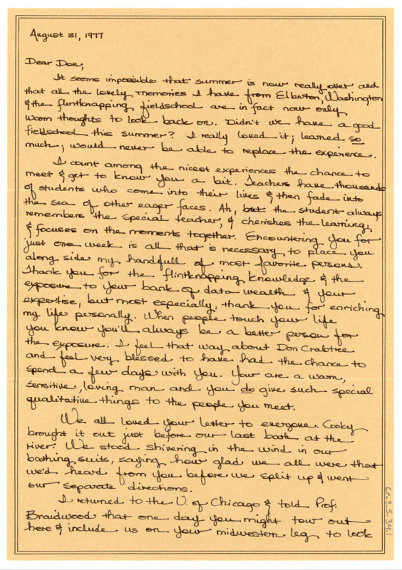 Letter to Donald Crabtree discussing how Evins misses field school and is thankful for Crabtree's work. Evins hopes that Crabtree can come to University of Chicago to teach more flintknapping, and states she is going to Ann Arbor for research. Includes the envelope the letter came in.