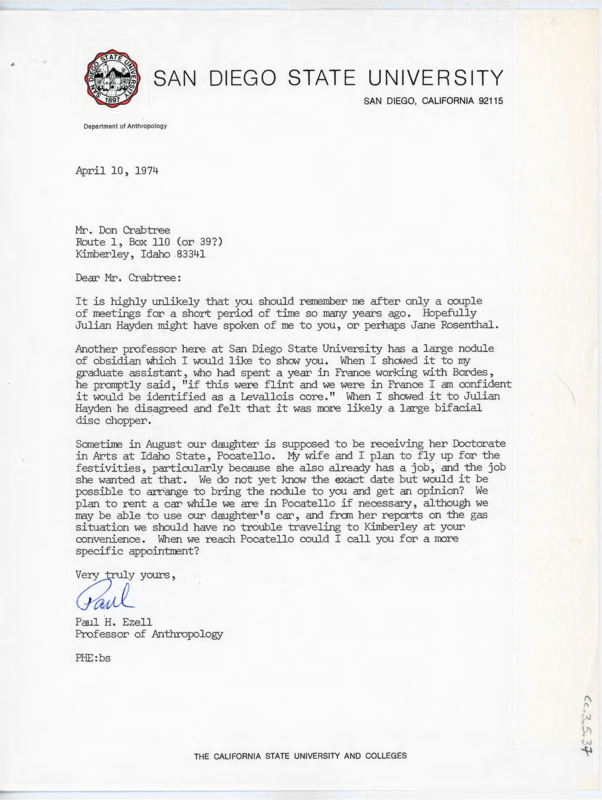 Letter to Donald Crabtree stating that Ezell would like to show him a piece of obsidian that could be a Levallois core or a large bifacial disc chopper. Ezell plans to come to Idaho and plans to bring the obsidian for Crabtree's opinion.