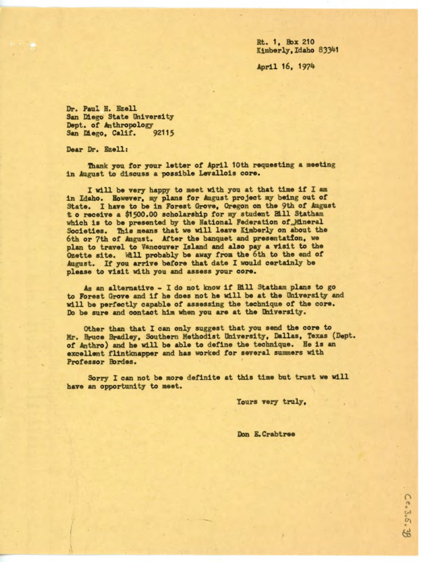 Letter to Paul H. Ezell planning a visit. Crabtree suggests Bill Statham may be able to identify a flintknapping technique if Crabtree is out of town when Ezell visits. He also suggests sending the core to Bruce Bradley.