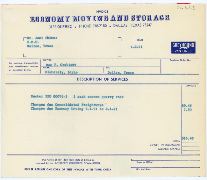 Invoice to Donald Crabtree from Economy Moving and Storage. A total of $16.95 was charged to Crabtree for his package sent to Joel Shiner at Southern Methodist University.