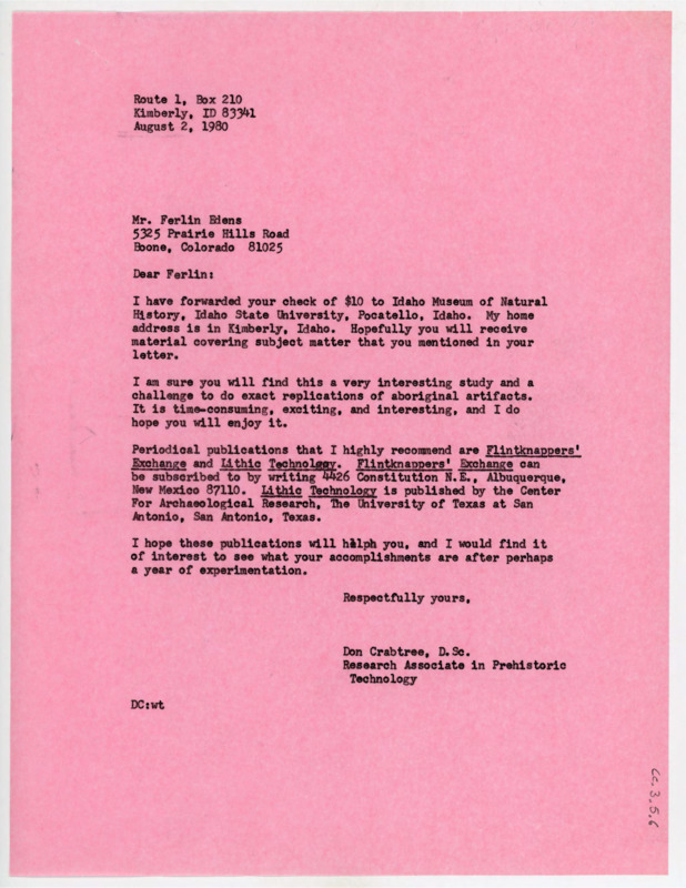 Letter to Ferlin Edens noting that Crabtree sent Edens $10 for his publication to the Idaho State University museum. Crabtree then recommends some other publications on flintknapping and lithic technology.