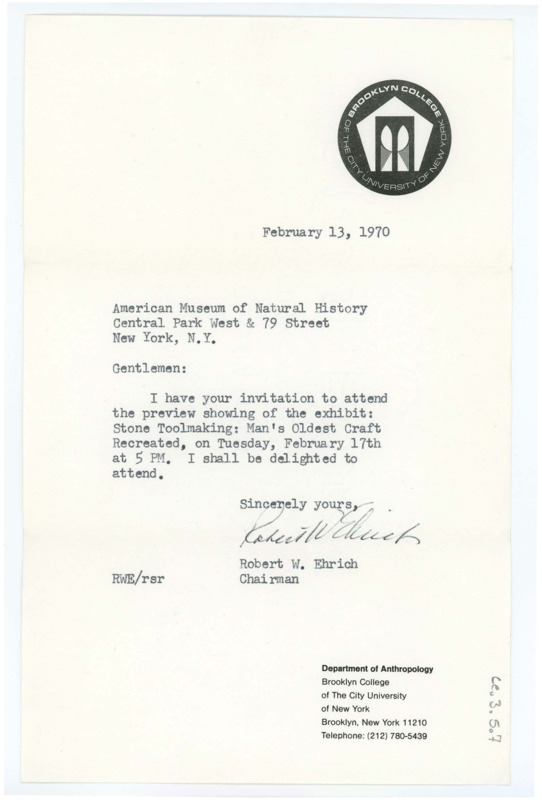 Letter to the American Museum of Natural History noting that Ehrich would be happy to attend the preview of the stone Toolmaking: Man's Oldest Craft Recreated.