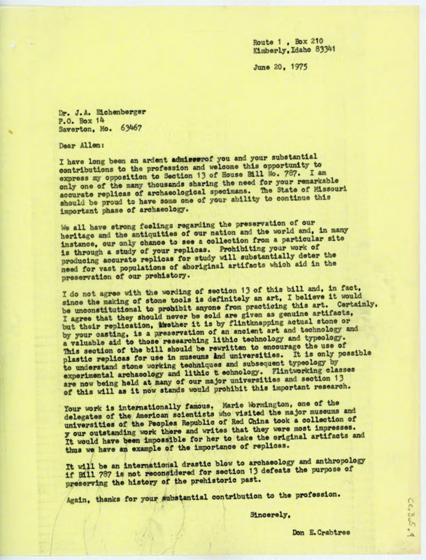 Letter to J. Allen Eichenberger discussing his opposition to Missouri House bill 787 banning replication of archaeological materials. Crabtree argues flintknapping and casting are arts and should thus be allowed. Experimental archaeology is the only way to truly understand lithic technology.