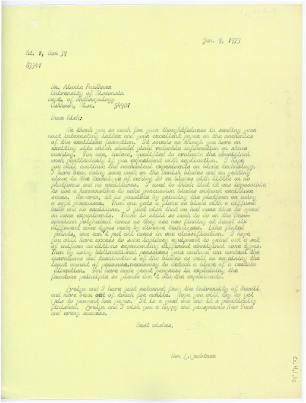 Crabtree apologizes to Davis for his delay in sending publications on the Aboriginals Australians and discusses mastic experiments. Crabtree enjoyed his recent visit with Davis and writes that he studied some interesting materials from Claude Warren.