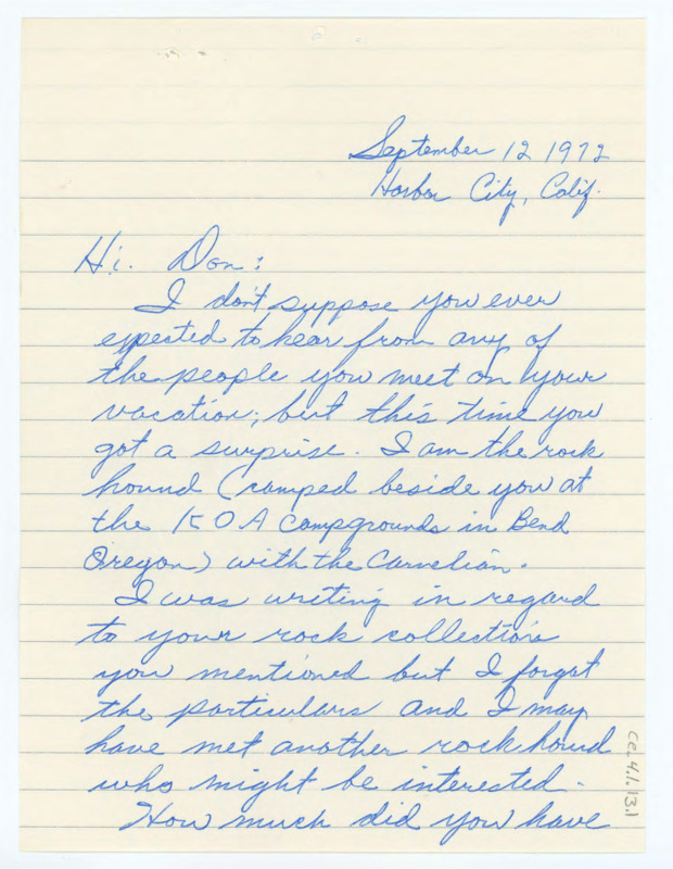 Letter to Donald Crabtree noting that Fike was the rockhound that met Crabtree in Bend, Oregon. He asks about the variety and amount of rocks Crabtree has in his collection as Fike has a potential buyer.