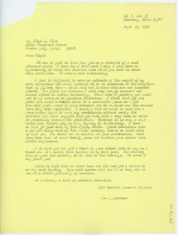 Letter to Floyd L. Fike informing him that Crabtree will be visiting the obsidian site Fike told him about in the spring. Crabtree discusses his rock collection. Includes a list of the rock types in Crabtree's collection.