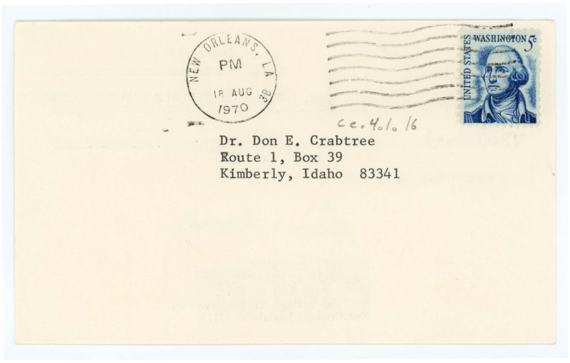 Postcard sent to Donald Crabtree in relation to ce.4.1.15. It is a receipt card for the review of "Tools of the Old and New Stone Age" for American Anthropologist.