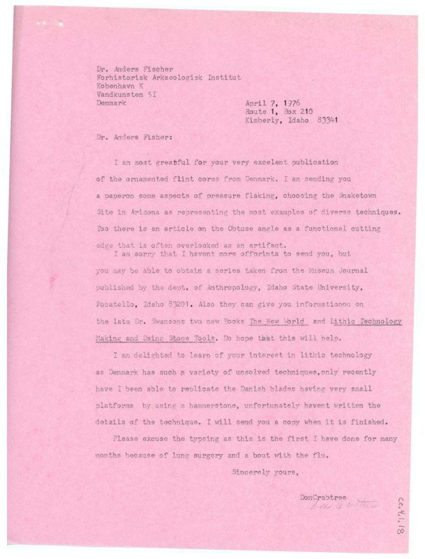 Letter to Anders Fischer noting that Crabtree is impressed with Fischer's article on the ornamented flint cores of Denmark. Crabtree refers Fischer to Idaho State University for other lithic tool publications, and discusses his experiments with making Danish blades.