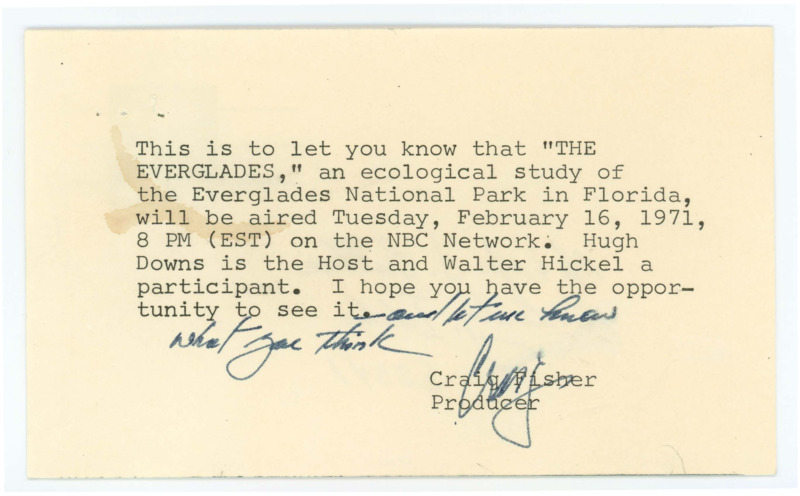 Postcard to Donald and Evelyn Crabtree informing them when "The Everglades" film will be aired. Fisher hopes they can see it.