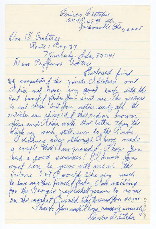 Letter to Donald Crabtree asking if he'll send more flakes and discussing progress and mistakes in flintknapping. Includes two photos of Fletcher's flintknapping work in an outdoor setting.